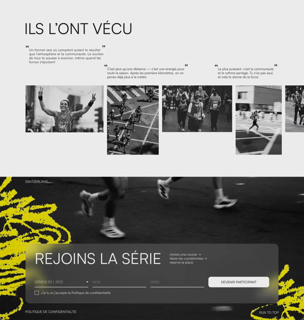 Overview of running marathon series landing page with structured layout and section-based design