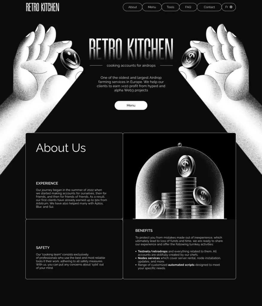 minimalist web3 landing page design for an crypto service with custom illustrations and dark UI