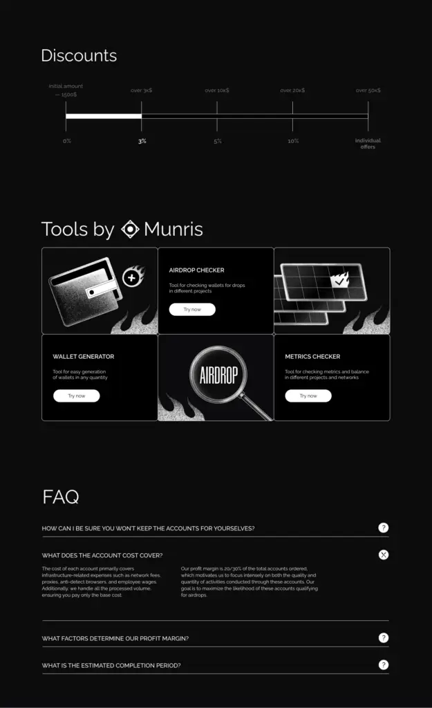 modern dashboard and landing page design with tools pricing and faq sections for a web3 service