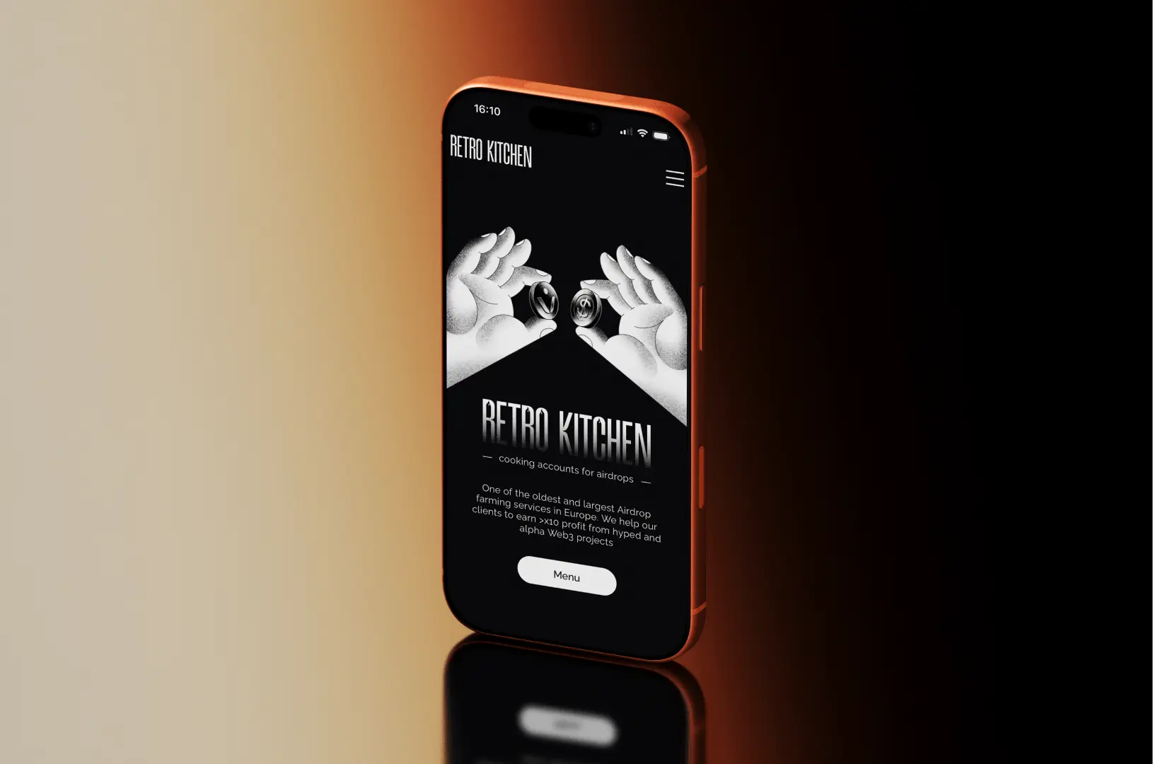 mobile responsive minimalist web3 landing page design for an crypto service with custom illustrations and dark UI