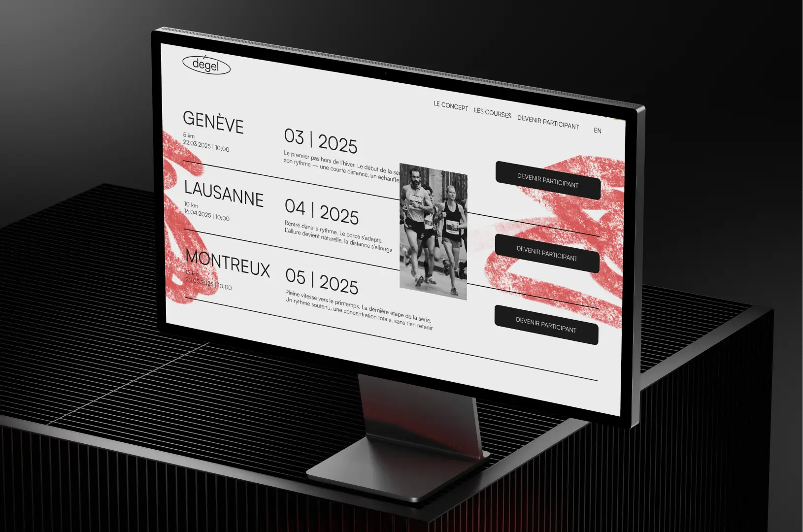 widescreen with landing page web design for a running marathon with minimalist typography and editorial layout